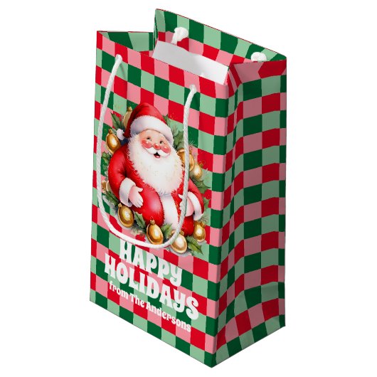 Retro Santa Claus Tartan Karierte Weihnachten Kleine Geschenktüte (Rückseite Schrägansicht)