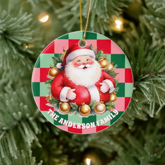 Retro Santa Claus Tartan Kariertes Weihnachtsgesch Keramik Ornament (Baum)