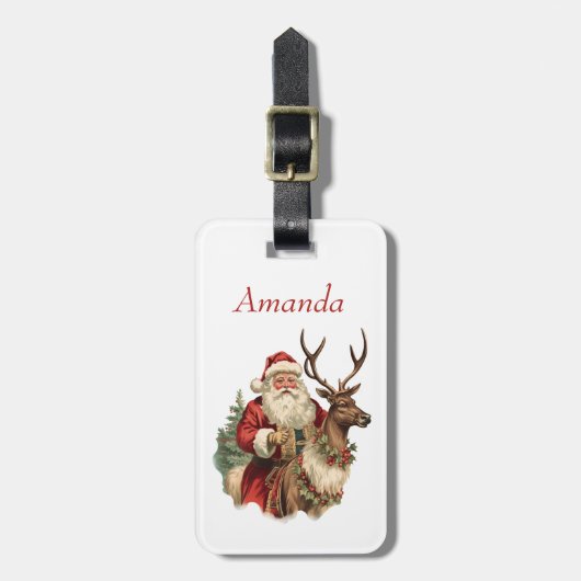 Retro Santa Claus und Reindeh Weihnachten Gepäckanhänger (Vorderseite vertikal)