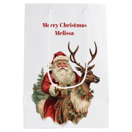 Retro Santa Claus und Reindeh Weihnachten Mittlere Geschenktüte (Rückseite)