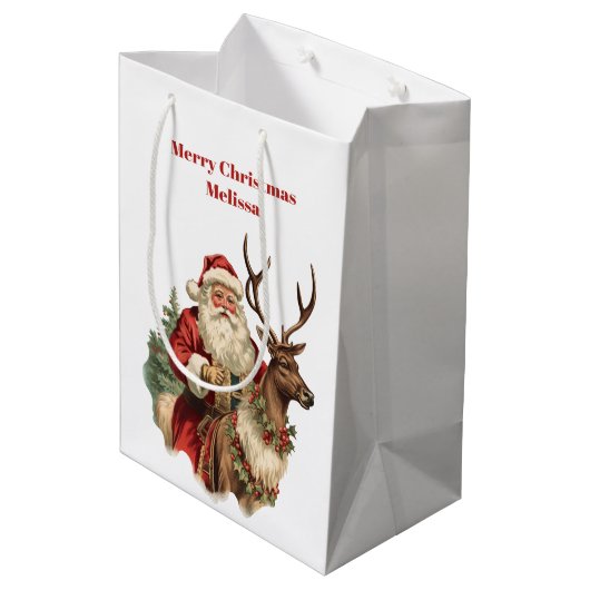 Retro Santa Claus und Reindeh Weihnachten Mittlere Geschenktüte (Rückseite Schrägansicht)