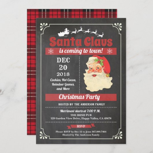 Retro Santa Claus Weihnachts-Party-Tafel Einladung (Vorne/Hinten)
