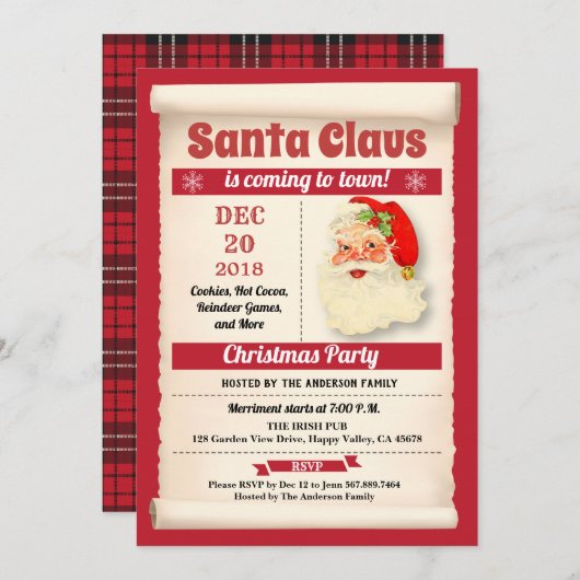 Retro Santa Claus Weihnachts-Party Vintag Einladung (Vorne/Hinten)