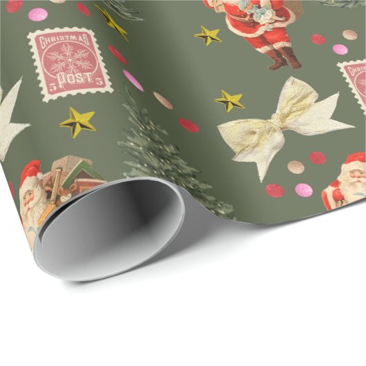 Retro Santa Dark Green Weihnachtswrapping Paper Geschenkpapier (Rolleneckpunkt)