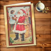 Retro Santa Examina Puppe Red Border Holiday Karte
