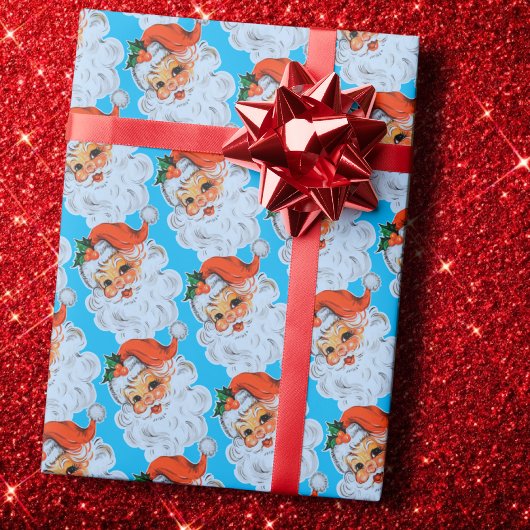 Retro Santa face Christmas Blue Geschenkpapier