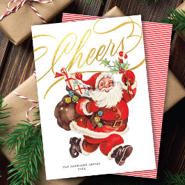 Retro Santa Gold Schrift Cheers Nicht-Foto-Weihnac Feiertagskarte