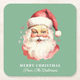 Retro Santa Grün Personalisierter Name Weihnachten Rechteckiger Pappuntersetzer