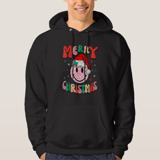 Retro Santa Hat Leopard Smile Face Merry Christmas Hoodie (Vorderseite)