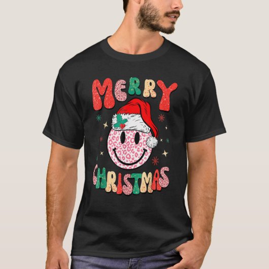 Retro Santa Hat Leopard Smile Face Merry Christmas T-Shirt (Vorderseite)