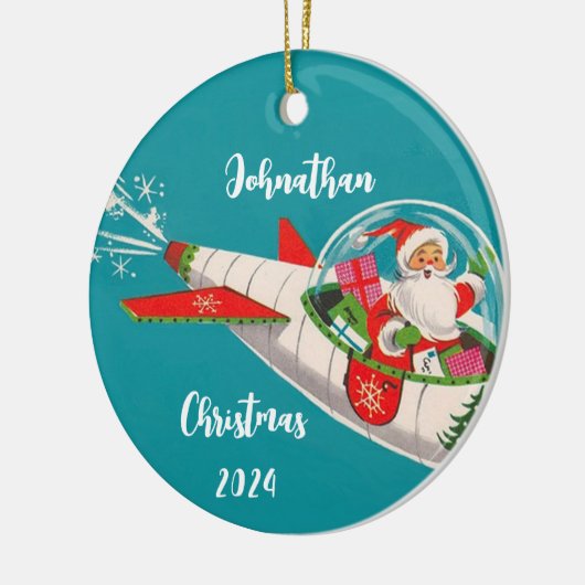 Retro Santa in Rocketship Personalisiertes Ornamen Keramik Ornament (Links)