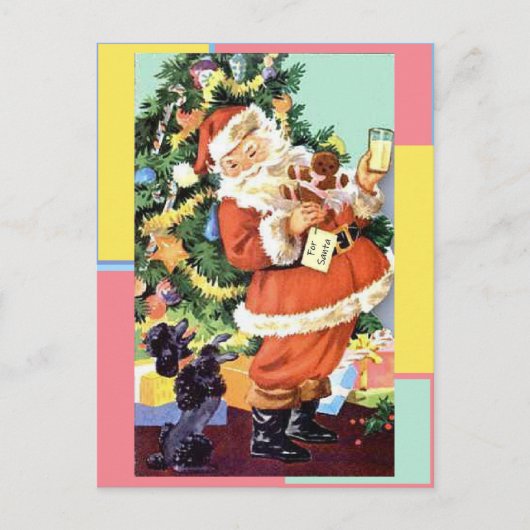 Retro Santa, Kekse und Milch, und tanzende Poodle Postkarte (Vorderseite)