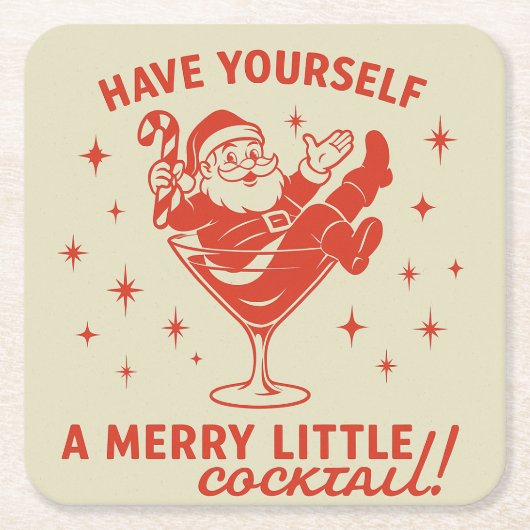 Retro Santa Merry Little Cocktail Paper Coaster Rechteckiger Pappuntersetzer (Vorderseite)