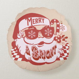 Retro Santa Merry und Bright Groovy Rundes Kissen