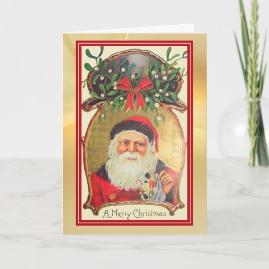 Retro Santa mit Spielzeug Gold Green Border Holida Karte (Vorderseite)