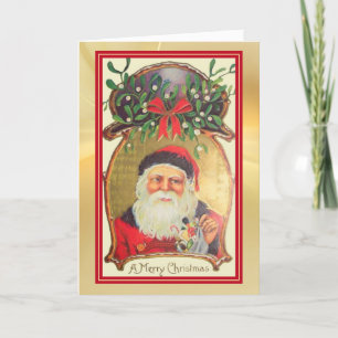 Retro Santa mit Spielzeug Gold Green Border Holida Karte