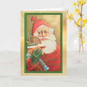 Retro Santa mit Spielzeug Gold Green Border Holida Karte (Gelbe Blume)