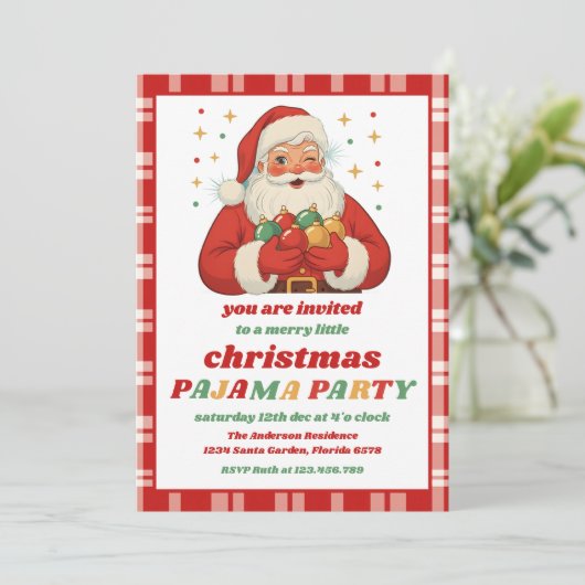 Retro Santa Pajama Christmas Party Editable Einladung (Stehend Vorderseite)