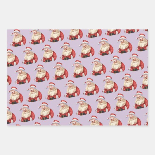 Retro Santa Pastel Lila Weihnachtswackelpapier Geschenkpapier Set (Vorderseite)
