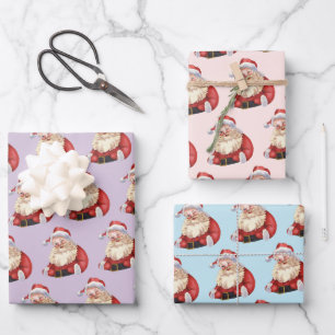 Retro Santa Pastel Lila Weihnachtswackelpapier Geschenkpapier Set