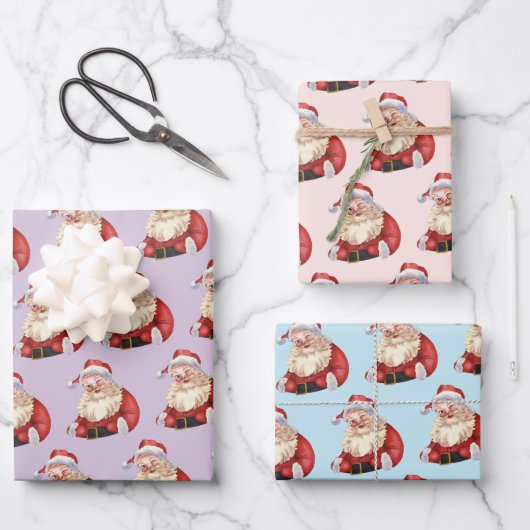 Retro Santa Pastel Lila Weihnachtswackelpapier Geschenkpapier Set (Vorderseite)