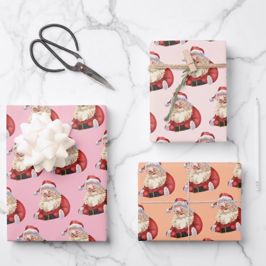 Retro Santa Pastel Pink Weihnachtswrapping Paper Geschenkpapier Set (Vorderseite)
