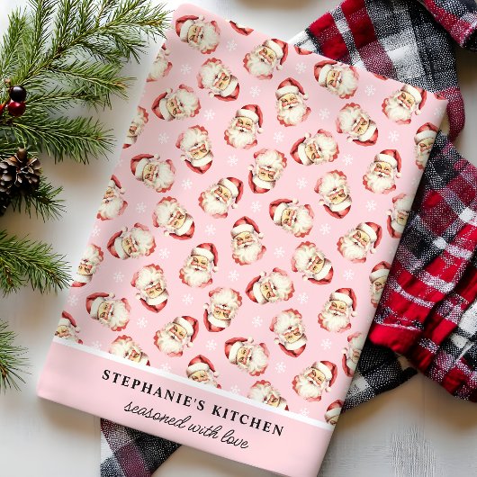 Retro Santa Pink Personalisierter Name Weihnachten Geschirrtuch