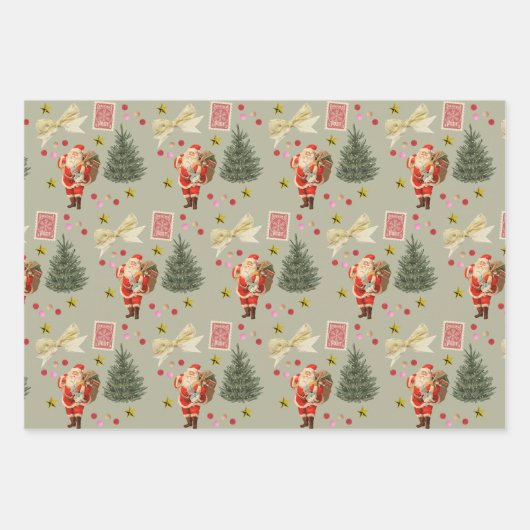 Retro Santa Pink & Sage Weihnachtswrapping Sheets Geschenkpapier Set (Vorderseite 3)