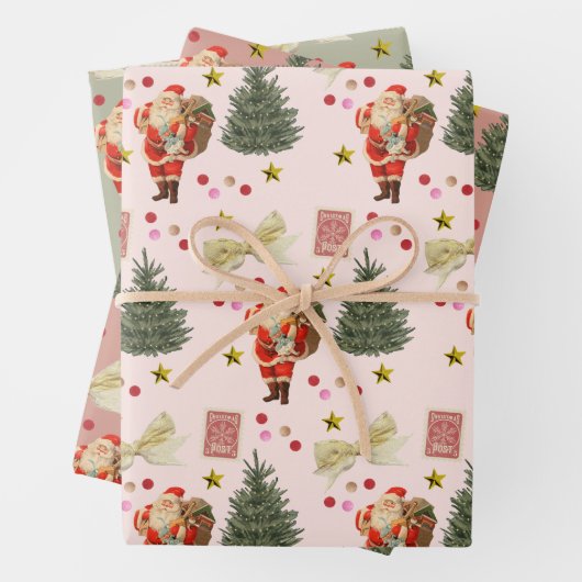 Retro Santa Pink & Sage Weihnachtswrapping Sheets Geschenkpapier Set (Beispiel)