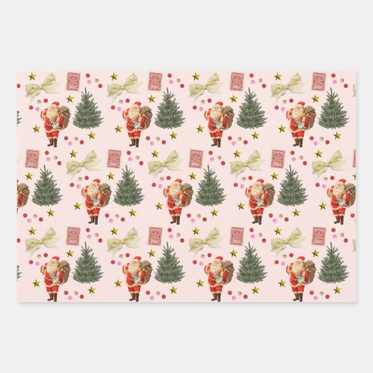 Retro Santa Pink & Sage Weihnachtswrapping Sheets Geschenkpapier Set (Vorderseite)