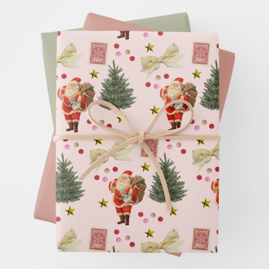 Retro Santa Pink & Sage Weihnachtswrapping Sheets Geschenkpapier Set (Beispiel)