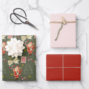 Retro Santa Red & Green Weihnachtswrapping Sheets Geschenkpapier Set