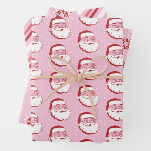 Retro Santa, Schneeflocken & Streifen auf rosa Geschenkpapier Set (Beispiel)
