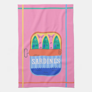Retro-Sardinen-Dosen-Illustration Rosa Küche Geschirrtuch