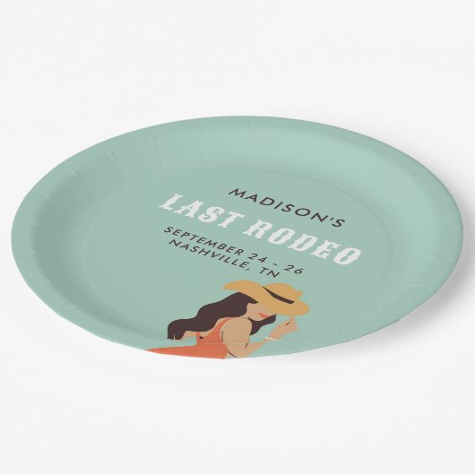 Retro Sassy Last Rodeo Pink Green Bachelorette Pappteller (Schrägansicht)