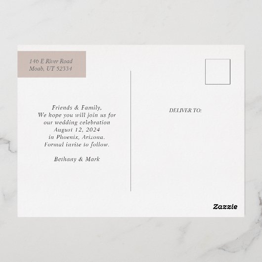 Retro Save the Date Foil Einladung Postkarte (Rückseite)