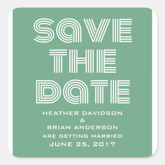 Retro Save the Date Stickers, Green Quadratischer Aufkleber (Vorderseite)