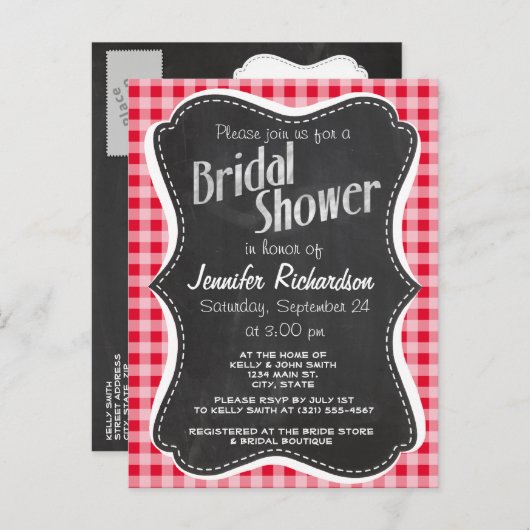 Retro Scarlet Red Gingham; Chalkboard-Look Einladungspostkarte (Vorne/Hinten)