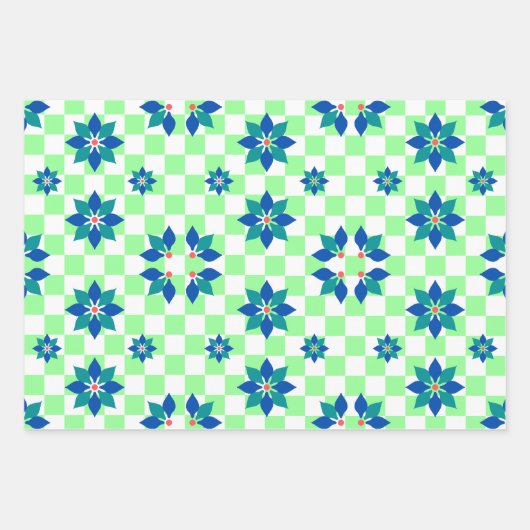Retro Schach Schachbrett Pattern blaue Blumen Geschenkpapier Set (Vorderseite 3)