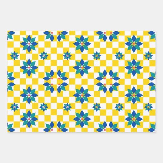 Retro Schach Schachbrett Pattern blaue Blumen Geschenkpapier Set (Vorderseite 2)