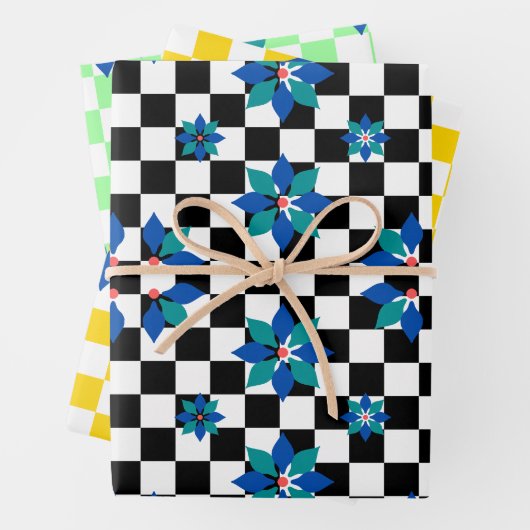 Retro Schach Schachbrett Pattern blaue Blumen Geschenkpapier Set (Beispiel)