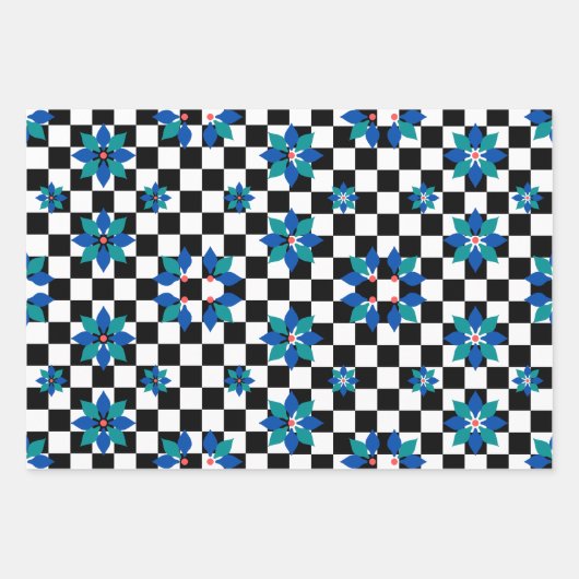 Retro Schach Schachbrett Pattern blaue Blumen Geschenkpapier Set (Vorderseite)