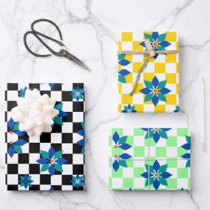 Retro Schach Schachbrett Pattern blaue Blumen Geschenkpapier Set