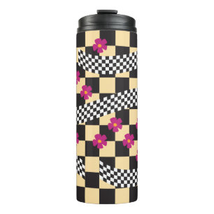 Retro-Schachbrett-Design mit Blumen Thermosbecher