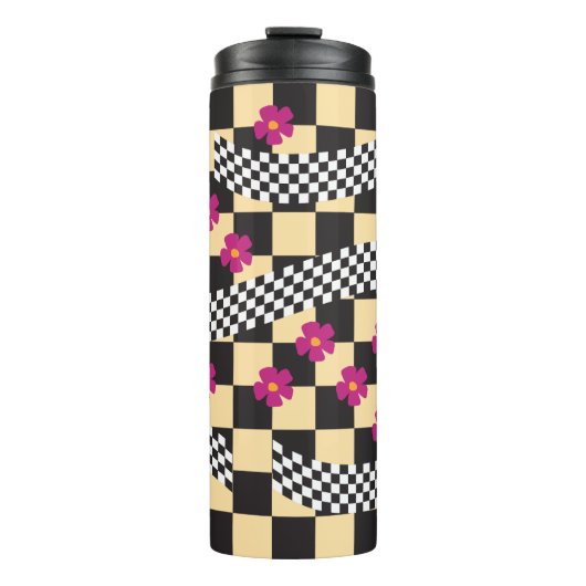 Retro-Schachbrett-Design mit Blumen Thermosbecher (Vorderseite)