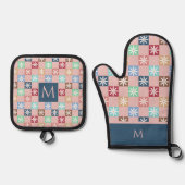 Retro-Schachbrett für Monogramm und Daisy-Muster D Ofenhandschuh & Topflappen-Set (Vorderseite)