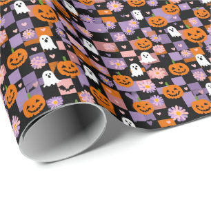 Retro-Schachbrett Halloween-Geister und Kürbisse Geschenkpapier