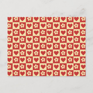 Retro-Schachbrett-Herzen-und-Blumen-Muster  Postkarte