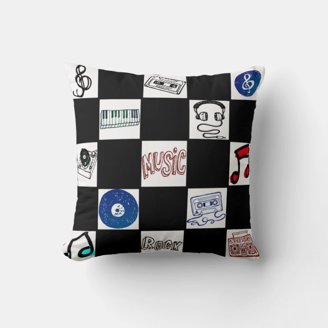 Retro Schachbrett-Musik-Kassetten u. mehr Kissen (Vorderseite)