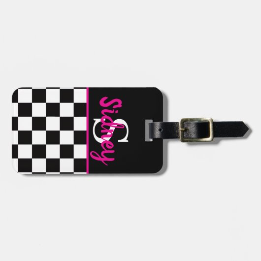 Retro-Schachbrett Neon-Pink Name Monogramm Gepäckanhänger (Vorderseite horizontal)